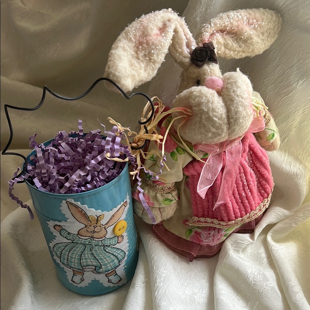 Pink and Cream Bunny Plush with Decorative Tin Bundle